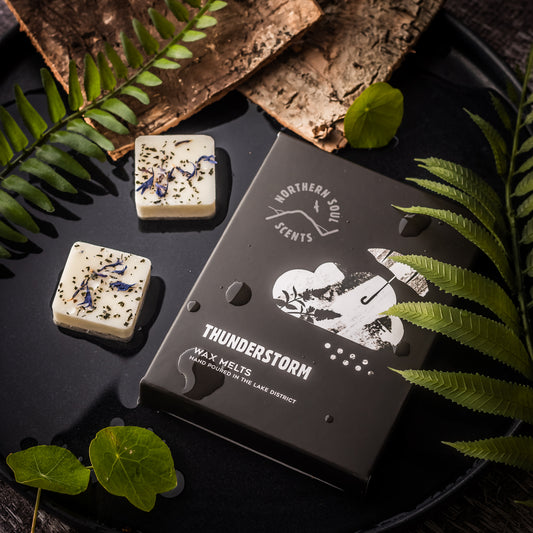 Thunderstorm Scented Wax Melts: Embrace the electrifying energy of a thunderstorm with these captivating wax melts. Thoughtfully packaged in a plastic-free wax paper bag and enclosed in a cardboard sleeve adorned with a charming cloud and umbrella design on the front, these melts capture the essence of a tempestuous sky. Each wax cube is adorned with blue dried botanicals, reminiscent of raindrops and atmospheric hues.