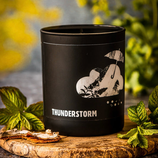"Thunderstorm Petrichor Scented Candle: Capture the essence of a refreshing thunderstorm with this invigorating scented candle. Enjoy the rejuvenating aroma of petrichor—the earthy scent that arises after rainfall—combined with the electrifying ambiance of distant thunder, creating a soothing and atmospheric experience."